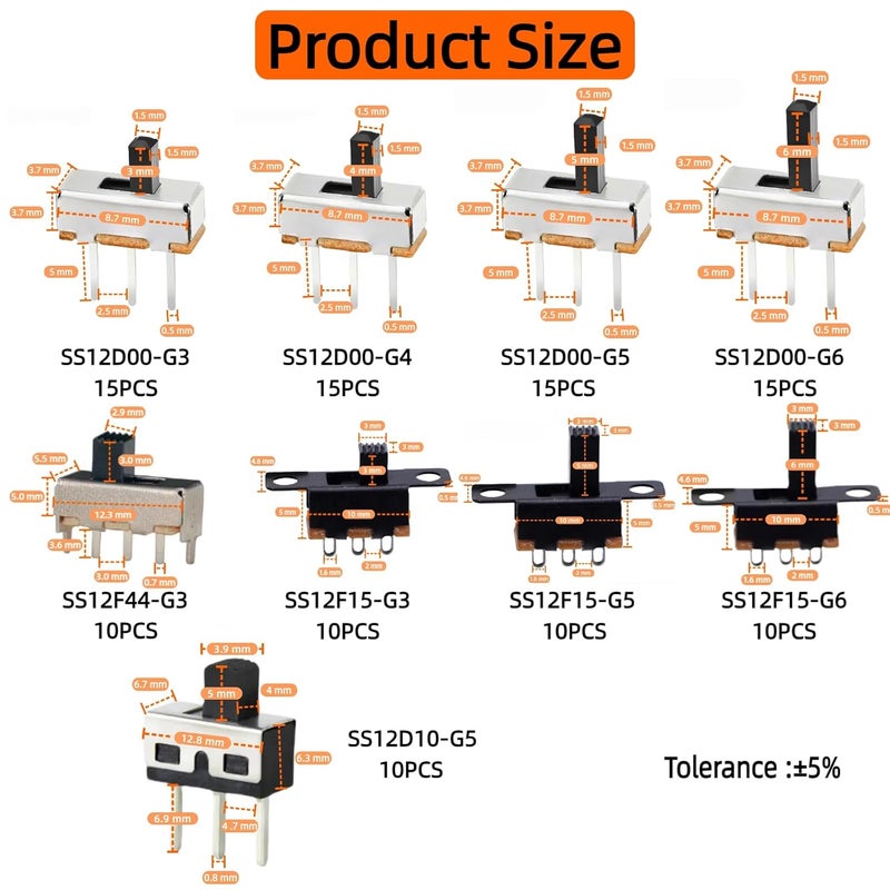 EGSCST 110PCS 9 قيم مجموعة مفاتيح التبديل الصغيرة الميكروية SPDT 1p2t مفاتيح التبديل 2 موضع 3 دبابيس صغيرة مصغرة عمودية تركيب على اللوحة - SS12D00 SS12F15 SS12D10 SS12F44 - Image 2